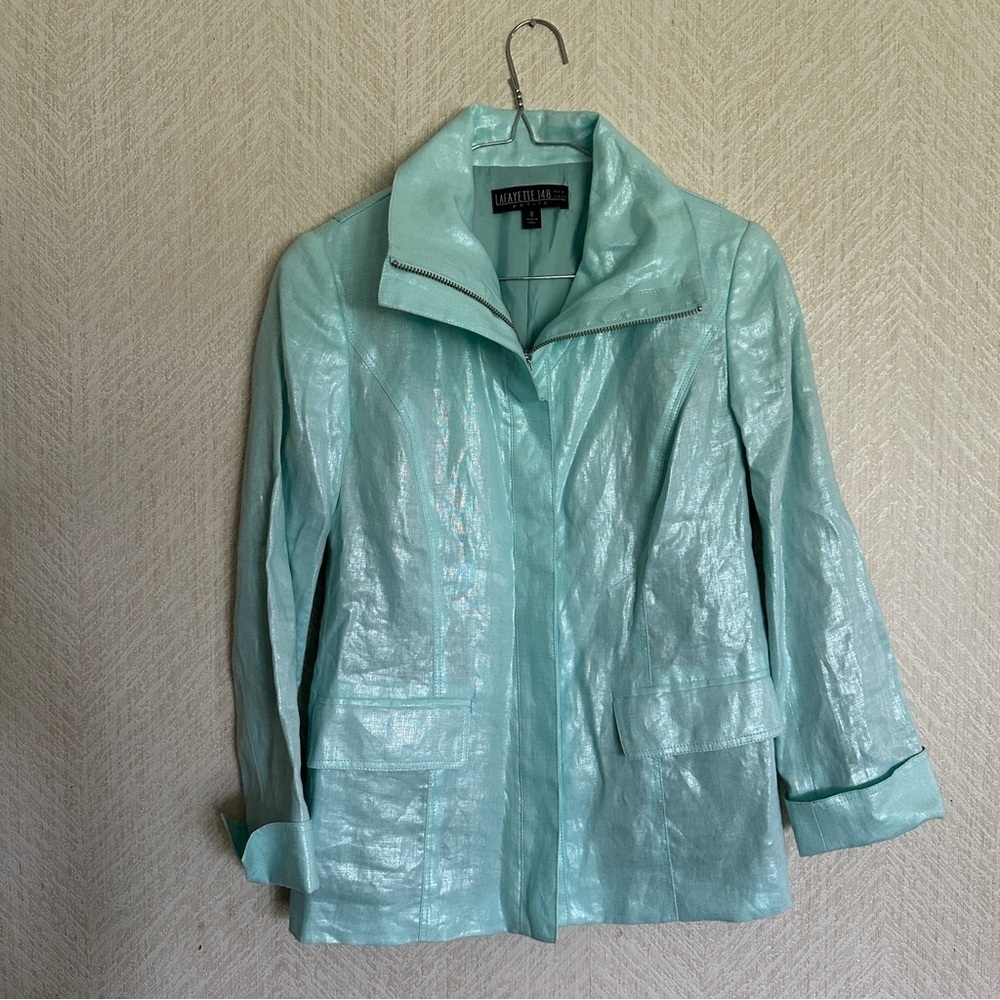 Lafayette 148 Linen Metallic Blue Zip Blazer 0